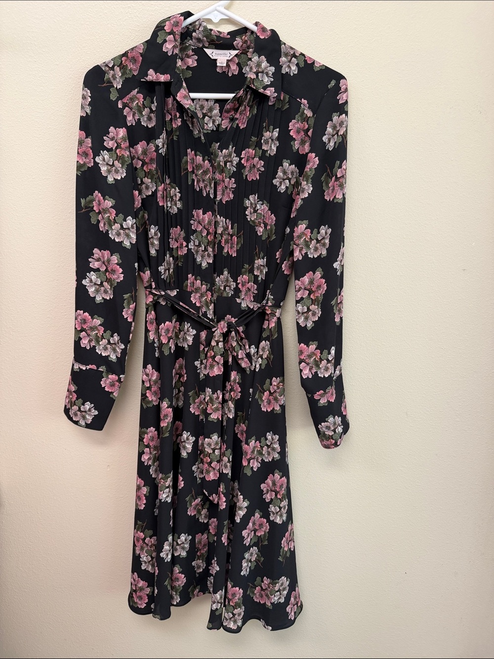 Nanette Lepore Black Long-Sleeve Floral Midi Dress with Tie